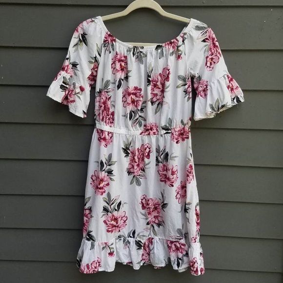 A New Look White Pink Floral Peasant Boho Dress Size Med - Picture 3 of 6